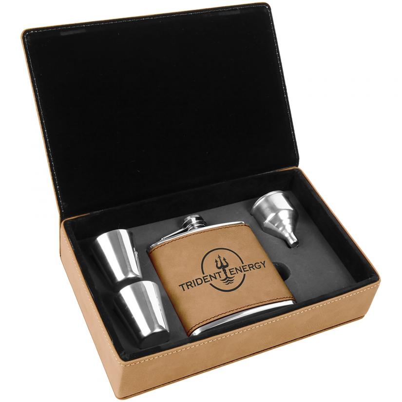 FSK301 - 6 oz. Light Brown Laserable Leatherette Flask Gift Set